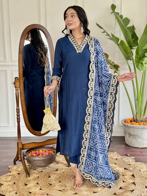 Viscose Silk Fabric work Straight cut Kurta, Pant and Dupatta Set 1