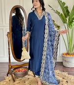Viscose Silk Fabric work Straight cut Kurta, Pant and Dupatta Set