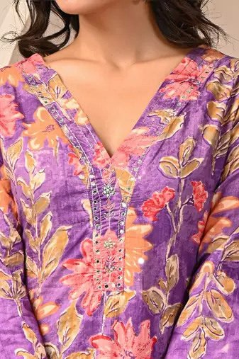 purple petal print kurta set