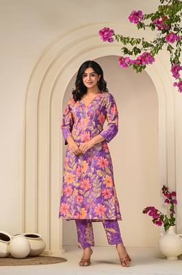 purple petal print kurta set 4