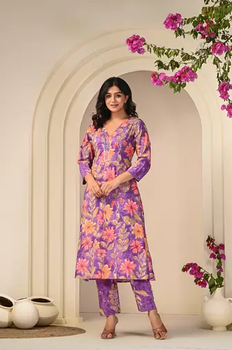 purple petal print kurta set