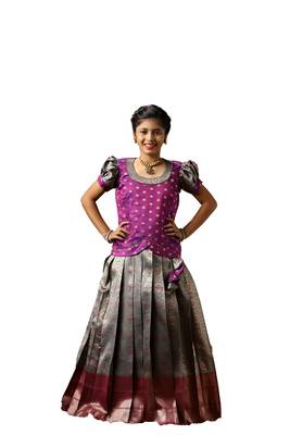 Traditional grey banaras lotus pattu pavadai for kids 1
