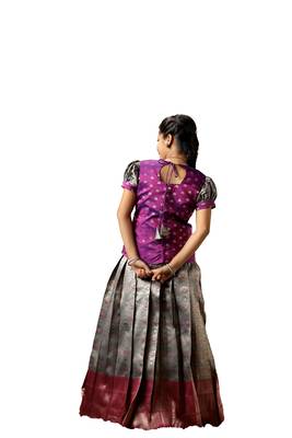 Traditional grey banaras lotus pattu pavadai for kids 2