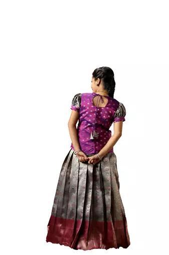 Traditional grey banaras lotus pattu pavadai for kids
