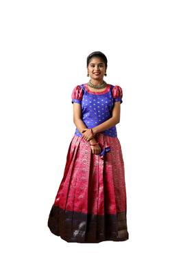 Traditional pink banaras lotus pattu pavadai for kids 1