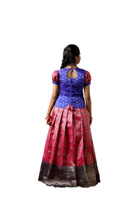 Traditional pink banaras lotus pattu pavadai for kids 2