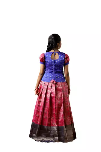 Traditional pink banaras lotus pattu pavadai for kids