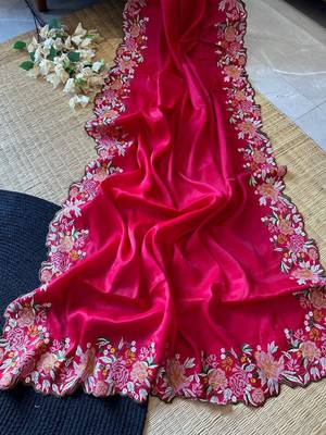 Red Tussar Silk Saree,Embroidery Viscos Thread Work Saree 1