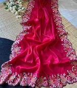 Red Tussar Silk Saree,Embroidery Viscos Thread Work Saree