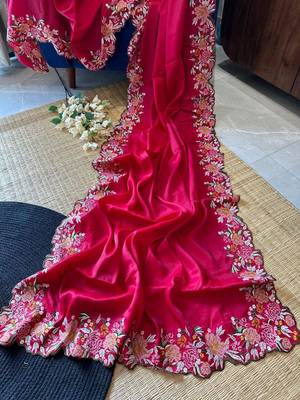 Red Tussar Silk Saree,Embroidery Viscos Thread Work Saree 3