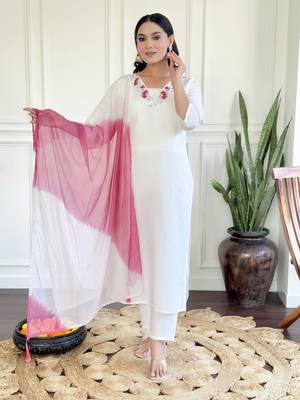 Chanderi Fabric work Straight cut Kurta, Pant and Dupatta Set 1