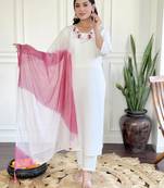 Chanderi Fabric work Straight cut Kurta, Pant and Dupatta Set