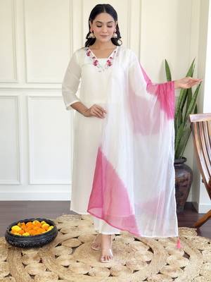 Chanderi Fabric work Straight cut Kurta, Pant and Dupatta Set 5