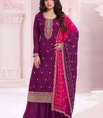 Wine silk georgette embroidered Palazzo suit