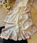 Off-WhiteTussar Silk Saree,Embroidery Viscos Thread Work Saree