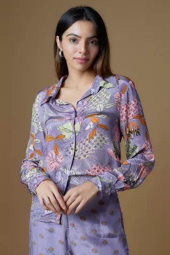 Pastel purple crepe printed & embroidered co-ord set