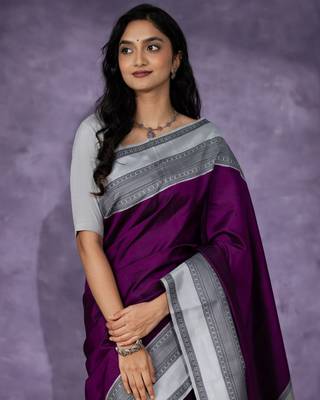 Purple Silk Blend Woven Banarasi Saree 3