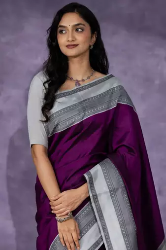 Purple Silk Blend Woven Banarasi Saree