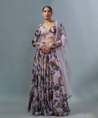 Lilac Georgette Lehenga Choli with Multicolor Floral Prints 1