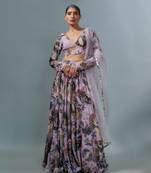 Lilac Georgette Lehenga Choli with Multicolor Floral Prints