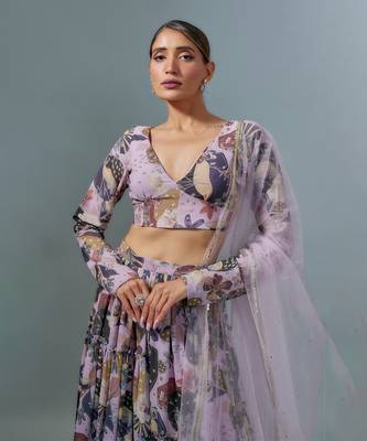 Lilac Georgette Lehenga Choli with Multicolor Floral Prints 2