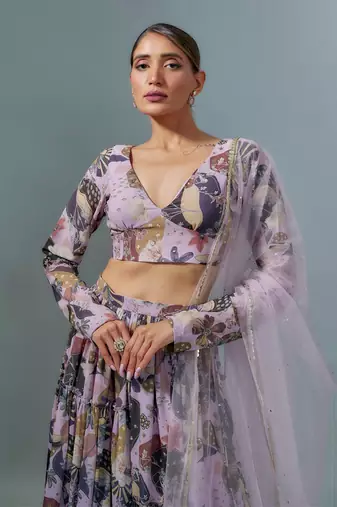 Lilac Georgette Lehenga Choli with Multicolor Floral Prints