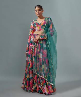 Teal Georgette Digital Printed Lehenga Set 1
