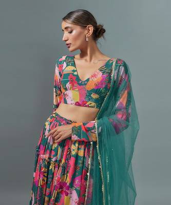 Teal Georgette Digital Printed Lehenga Set 2