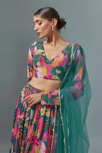 Teal Georgette Digital Printed Lehenga Set