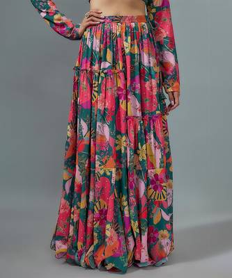 Teal Georgette Digital Printed Lehenga Set 3