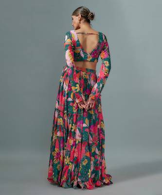 Teal Georgette Digital Printed Lehenga Set 4