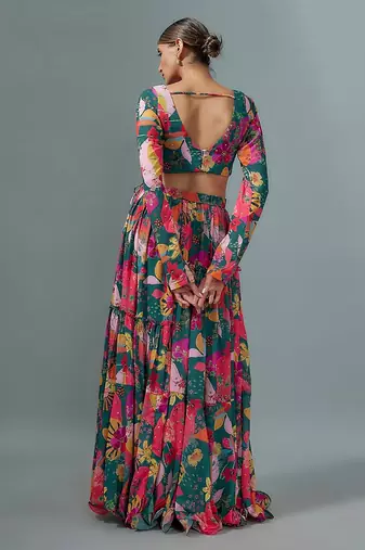Teal Georgette Digital Printed Lehenga Set