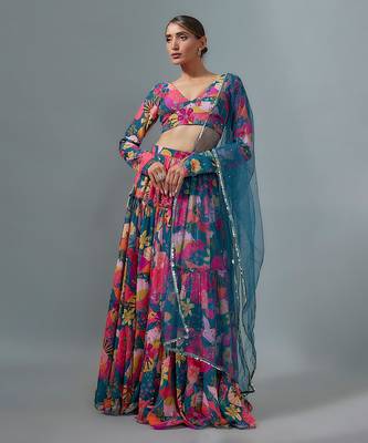 Rama Blue Multicolor Georgette Floral Print Lehenga Set with Teal Net Dupatta  1