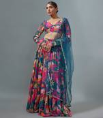 Rama Blue Multicolor Georgette Floral Print Lehenga Set with Teal Net Dupatta