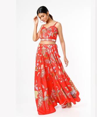 Red Embroidered & Printed Lehenga Set 1