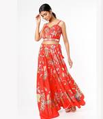 Red Embroidered & Printed Lehenga Set