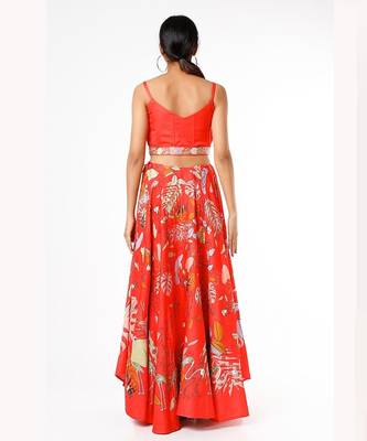 Red Embroidered & Printed Lehenga Set 2