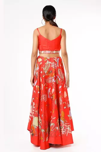 Red Embroidered & Printed Lehenga Set