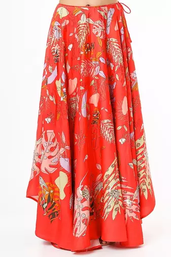 Red Embroidered & Printed Lehenga Set