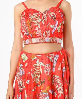 Red Embroidered & Printed Lehenga Set 4