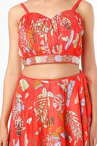 Red Embroidered & Printed Lehenga Set