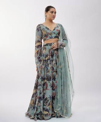 Ash Grey Georgette Digital Printed Lehenga Set 1