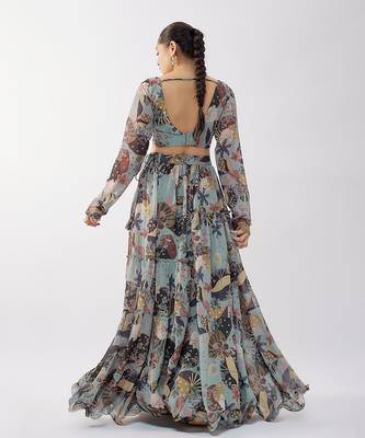 Ash Grey Georgette Digital Printed Lehenga Set 2