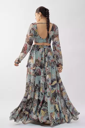 Ash Grey Georgette Digital Printed Lehenga Set