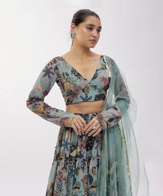 Ash Grey Georgette Digital Printed Lehenga Set 4
