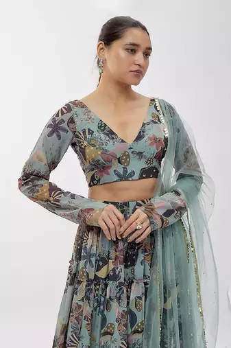 Ash Grey Georgette Digital Printed Lehenga Set
