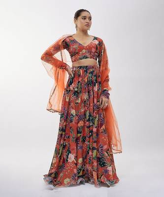 Rust Georgette Digital Printed Lehenga Set 1