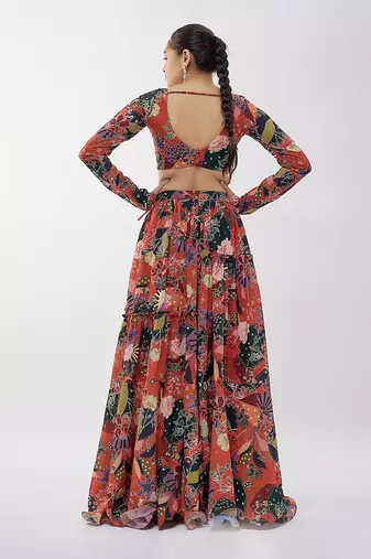 Rust Georgette Digital Printed Lehenga Set