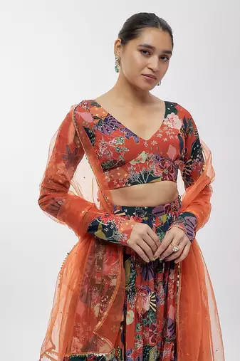 Rust Georgette Digital Printed Lehenga Set
