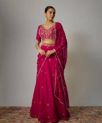 Pink Organza Thread & Mirror Embroidered Lehenga Set 1
